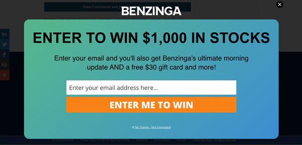 Benzinga $1,000 Stock Popup