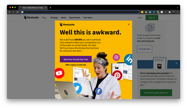 Akward HootSuite Trial Popup